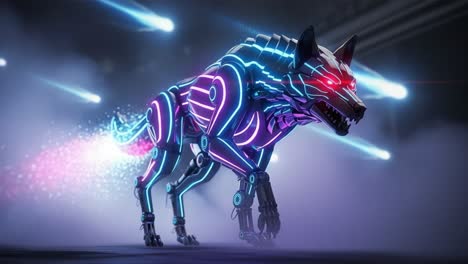 futuristic neon cyber wolf: an electrifying mechanical beast embodying advanced technology, speed, and intensity, dashing through a dreamlike digital environment