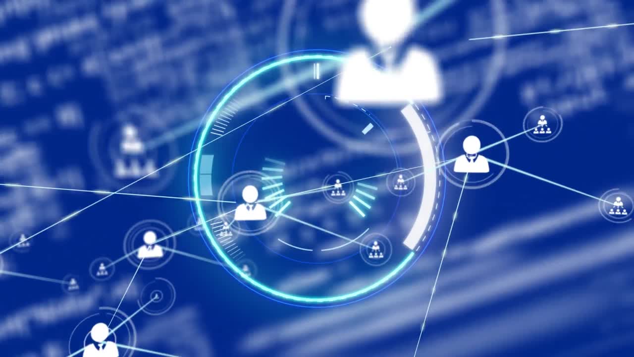animación de la red de conexiones con iconos de procesamiento de datos y escaneo de alcance en fondo azul