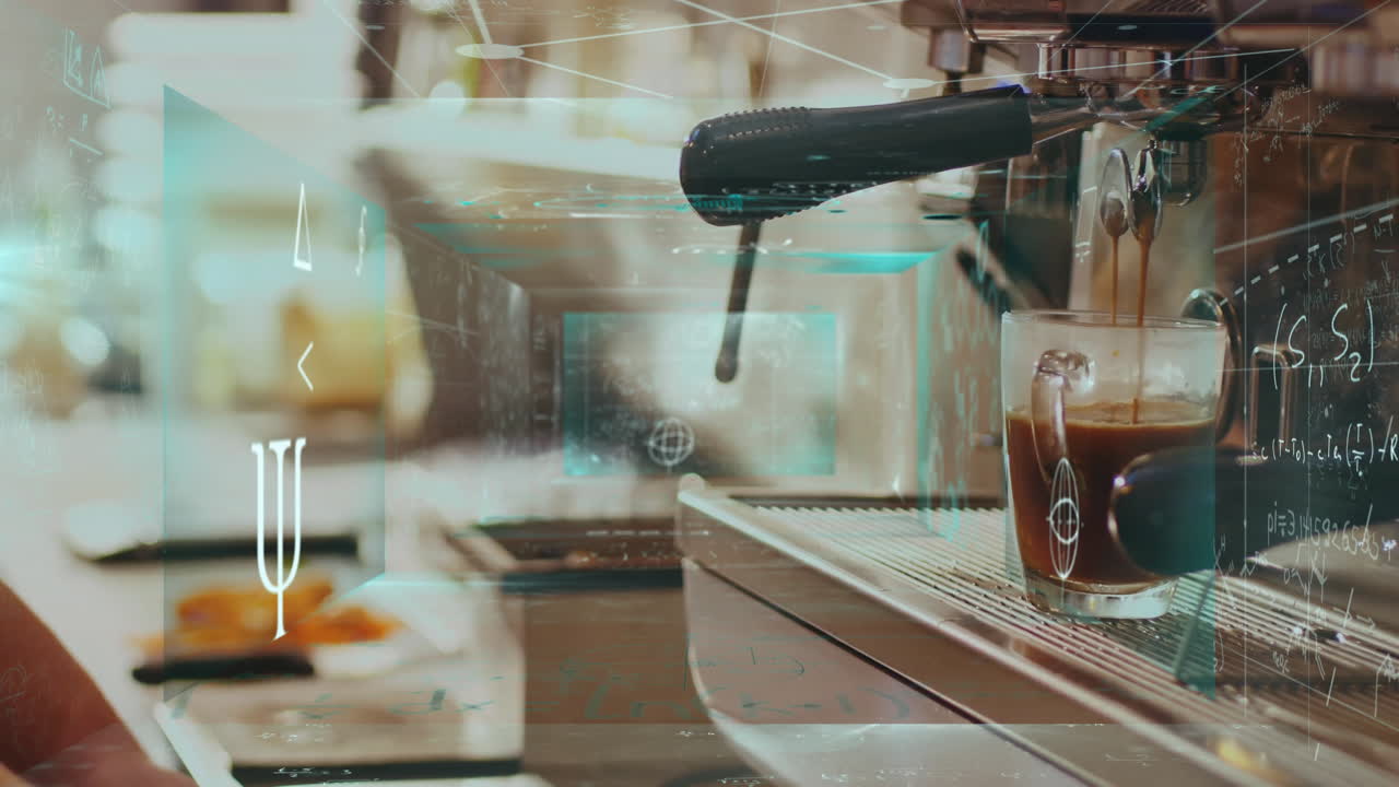 Espresso portafilter dispensing brown espresso at café counter, showing steam icons and data chart