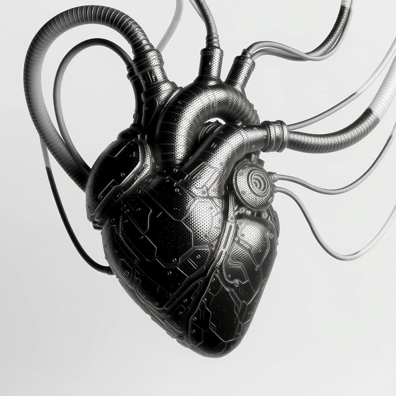 Futuristic cybernetic heart with cables, captured in a high-angle shot