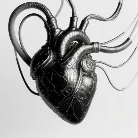 futuristic cybernetic heart with cables, captured in a high-angle shot