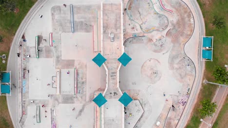 aerial view of a skatepark in a park