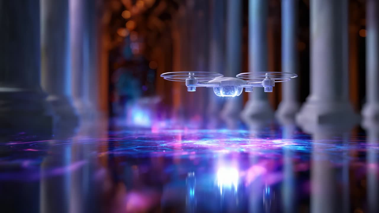 A Captivating Surreal Scene Featuring a Futuristic Drone Hovering in a Mystical Environment, Surrounded by Ethereal Light Effects and Majestic Pillars that Create a Dreamlike Atmosphere