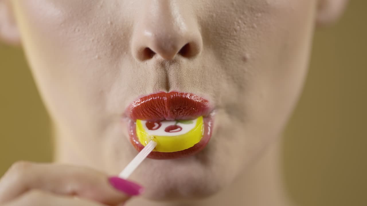 Close-up face, cute caucasian woman licks on yellow cherry lollipop