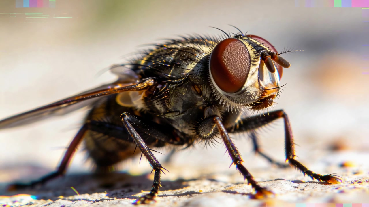 Una singola mosca che effettua piccoli aggiustamenti a zampe e antenne su una superficie chiara e texturizzata, con bokeh macro.