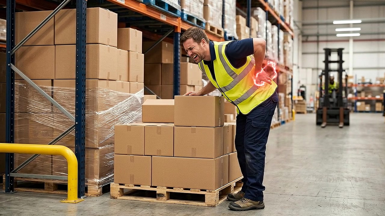 Warehouse employee holding lower back beside stacked cardboard boxes in realistic medical scene