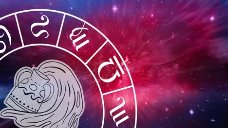 Animation-of-aquarius-star-sign-symbol-in-spinning-horoscope-wheel-over-glowing-stars