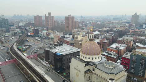 slow motion new york city skyline drone flyover in brooklyn