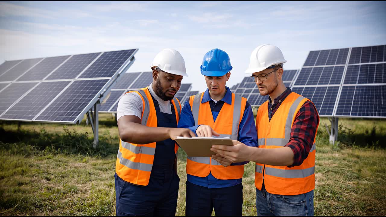 Engineers inspecting solar panels and reviewing plans on tablet at solar farm