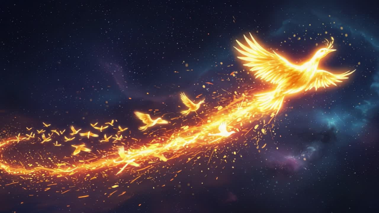 A stunning depiction of a mythical phoenix soaring through the cosmos, surrounded by smaller birds, glowing with fiery light against a starry backdrop