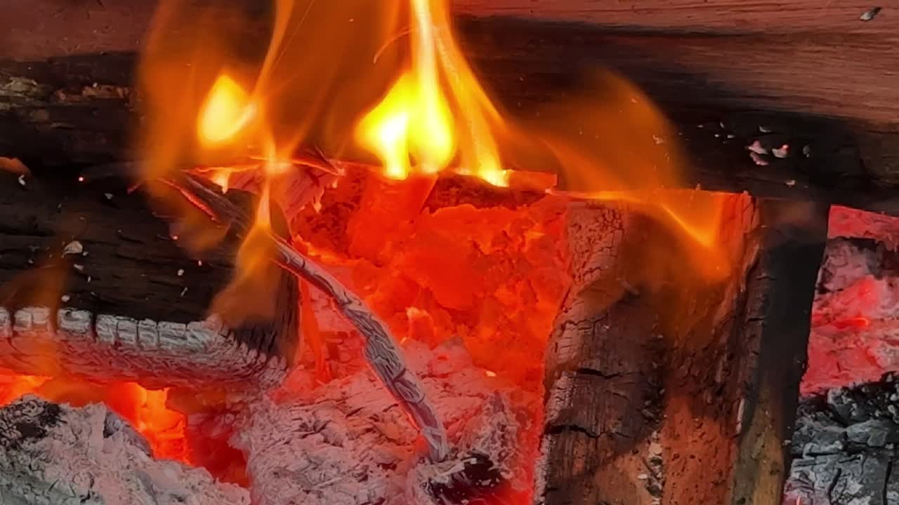 Fire in the fireplace of the restaurant