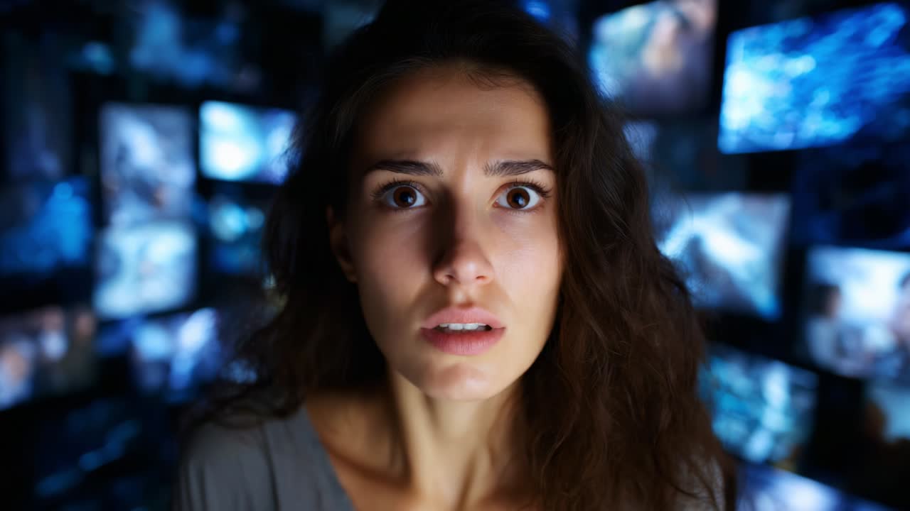 A young woman appears startled and concerned in a digital environment filled with varying screens, expressing a range of emotions as she gazes into the void, captured in a significant moment of anxiety and realization