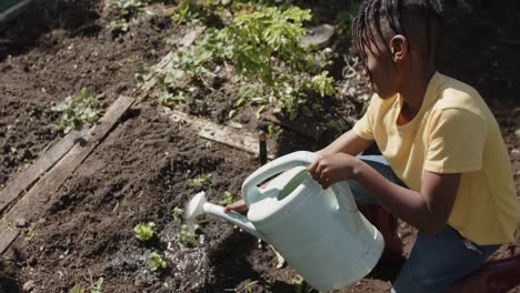 Niño-Afroamericano-Regando-Verduras-En-Un-Jardín-Soleado,-Cámara-Lenta