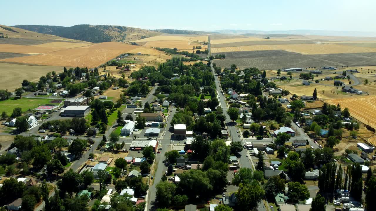 US, OR, Weston, 2025-08-20 - Drone view of the small town in the Summer, surrounded by farmlands