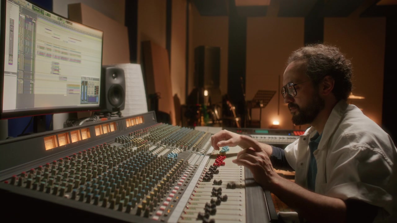 Focused Sound Engineer Working on Audio Tracks at Studio Mixing Desk