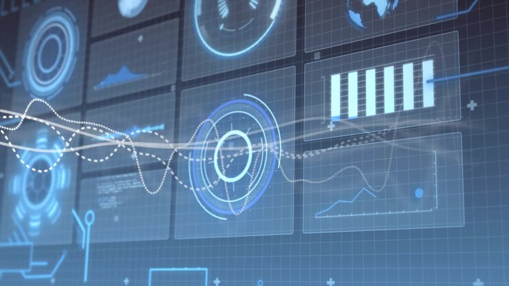 System activating HUD animating waveforms and shifting bar chart for real-time data visualization