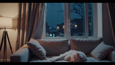 cozy living room at night with a raining city view
