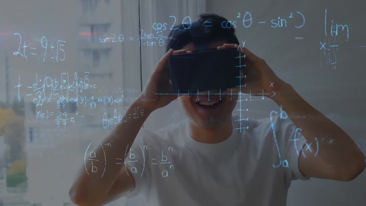 Animation of mathematical drawings and equations over man wearing vr headset