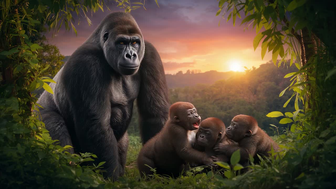 Standing adult gorilla watching forest clearing at dusk, one infant reaching, three infants bonding