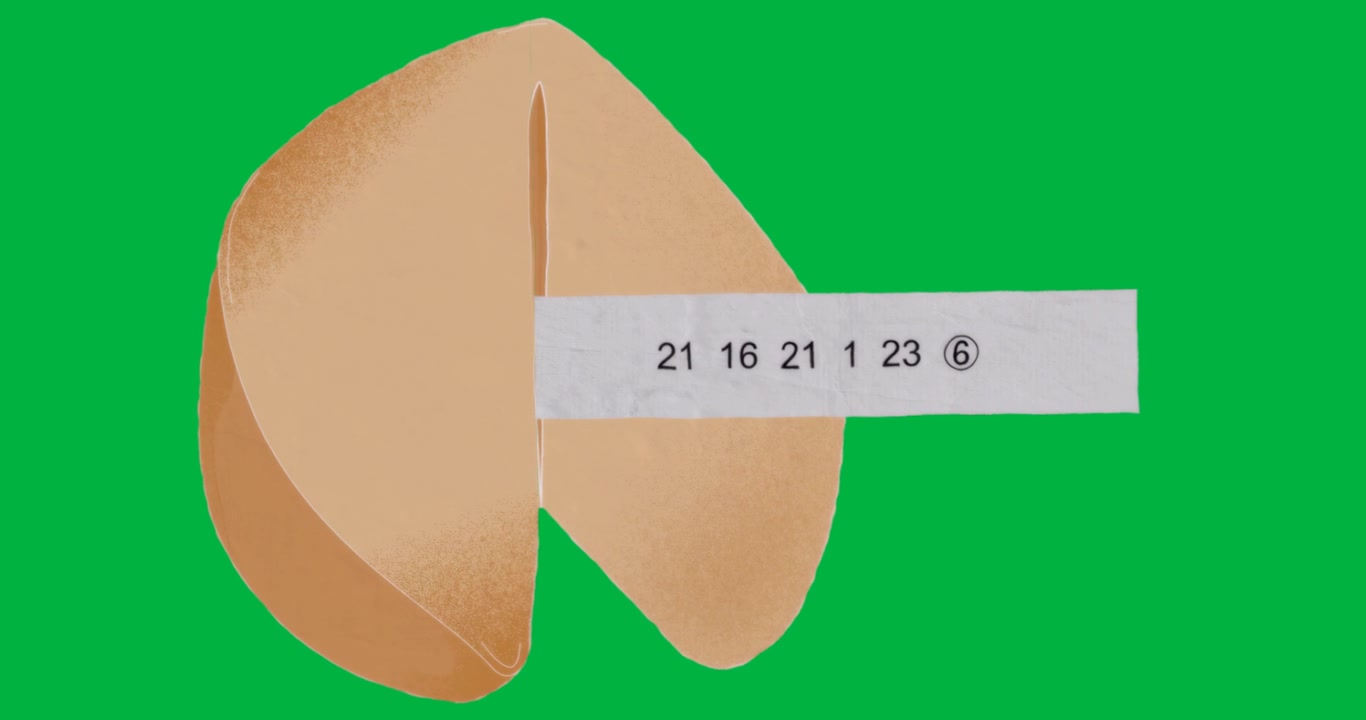 Biscotto della fortuna stilizzato che fluttua su sfondo trasparente, mostrando un biglietto con codice numerico per il business