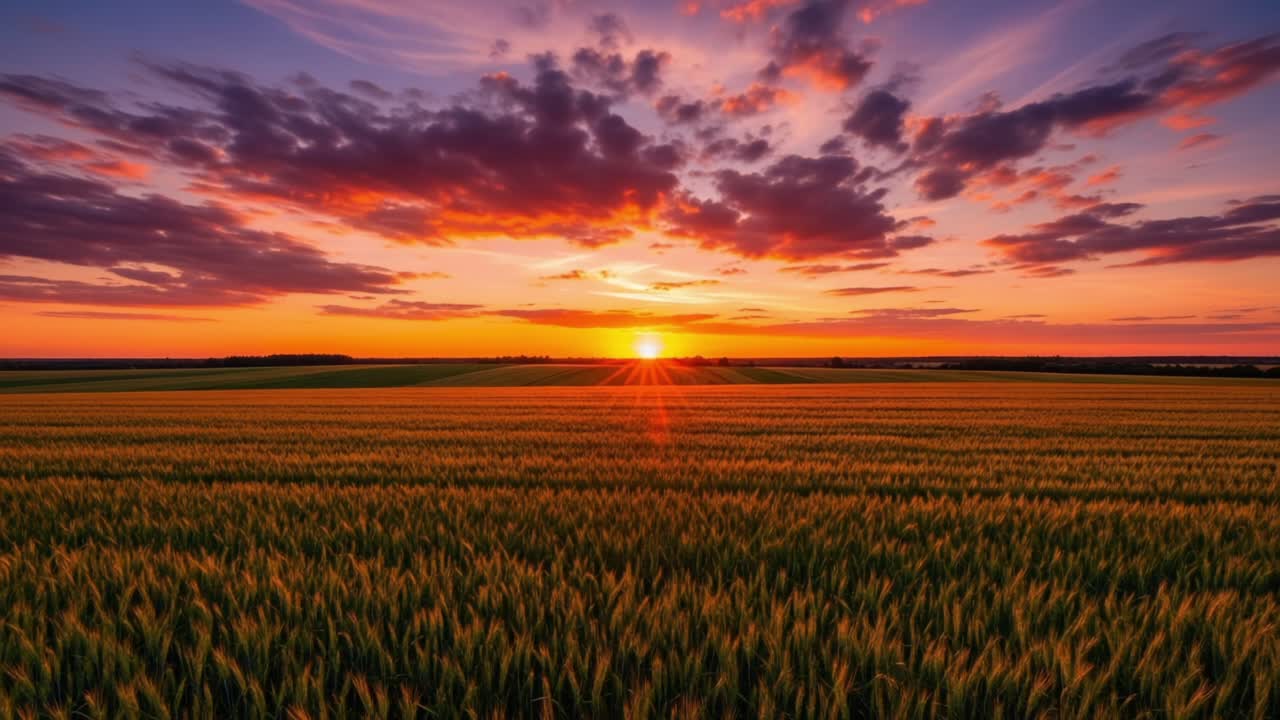 Breathtaking Twilight Over Golden Fields: A Captivating Journey Through the Transition from Day to Night with Vibrant Hues and Nature's Majestic Beauty