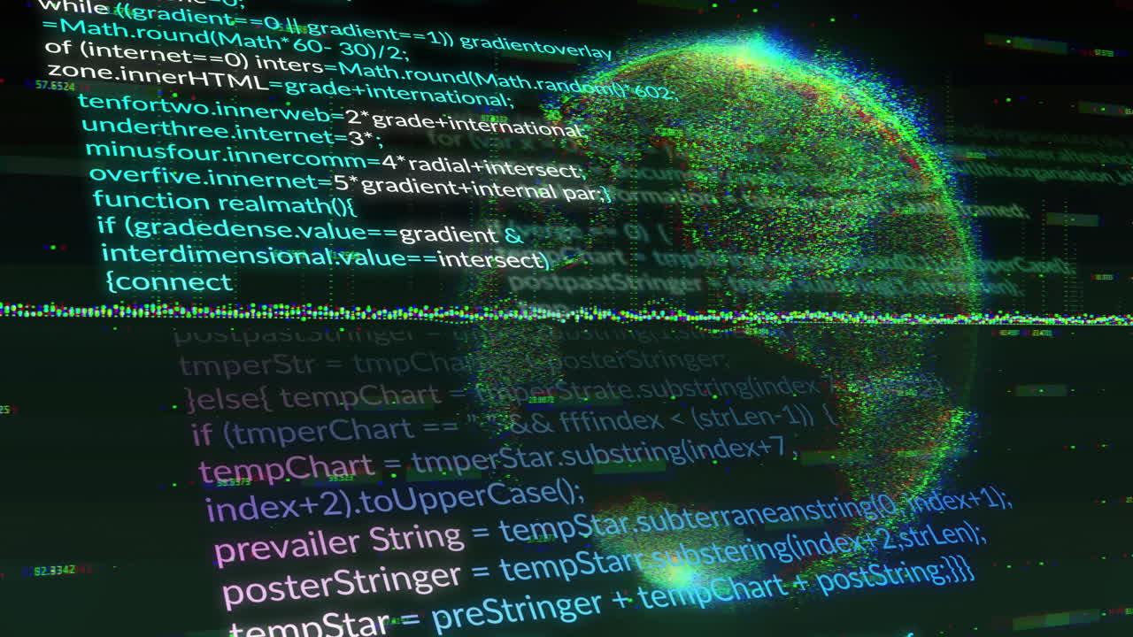 Animation of digital code overlaying glowing globe, showing global data processing