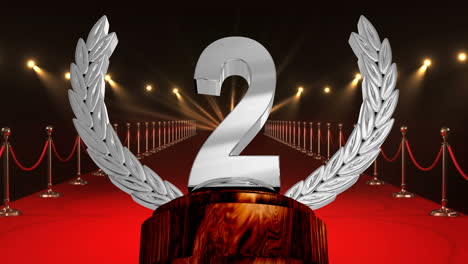 animation of second place award trophy at floodlit, red carpet winners' prize giving ceremony