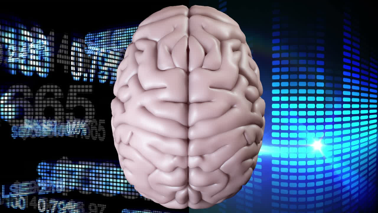 animación de la parte superior del cerebro contra datos financieros y efectos de luz