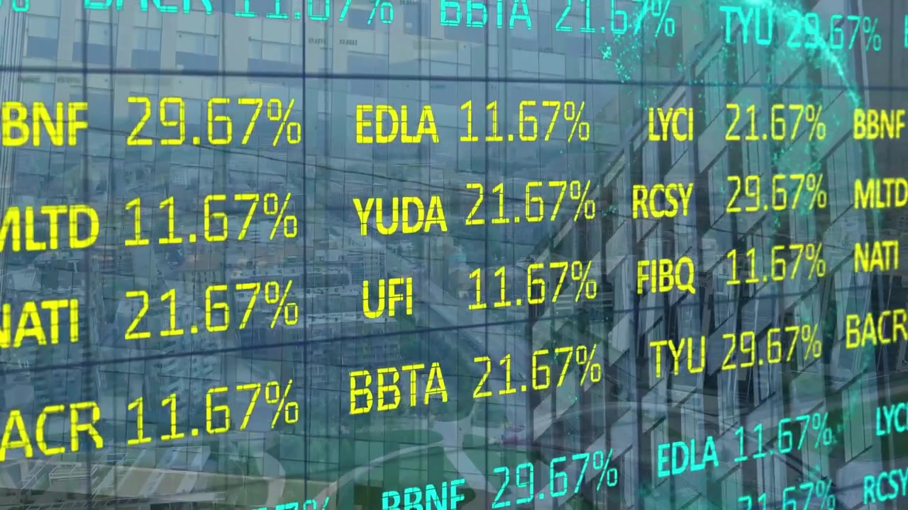 Animation of trading board and globe over aerial view of cityscape