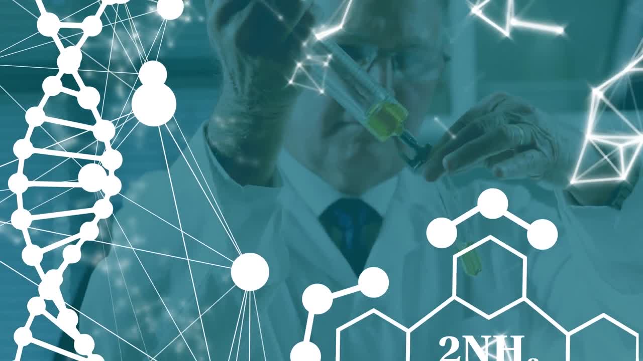 실험실에서 일하는 백인 남성 수석 과학자에 대한 dna와 화학 구조의 애니메이션