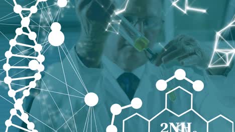 Animation-of-dna-and-chemical-structures-over-caucasian-male-senior-scientist-working-at-laboratory