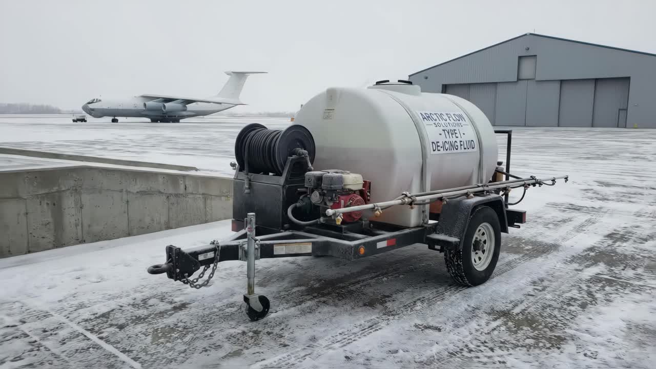 Rimorchio con liquido antighiaccio su pista aeroportuale innevata con aereo