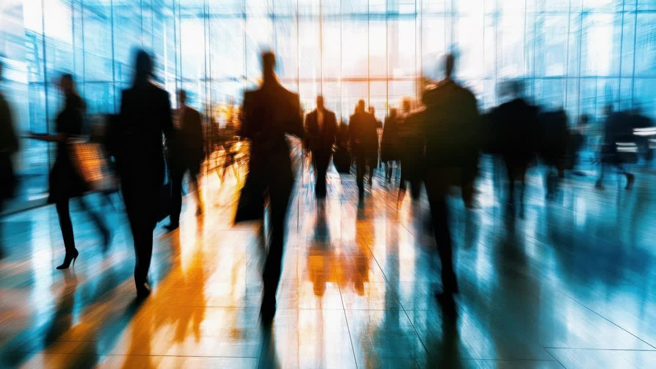 Blurred motion video of people walking in a modern glass building