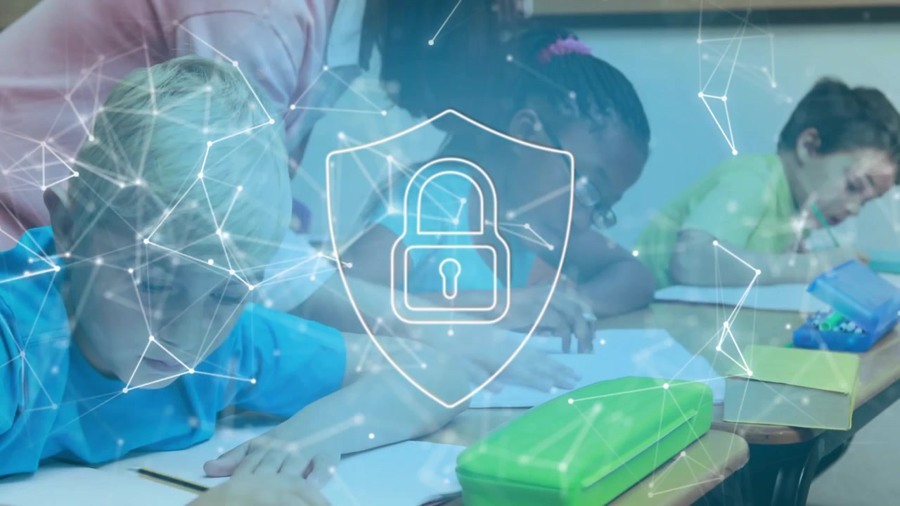 Students writing at desks for security lesson with teacher guiding while padlock icon flickering