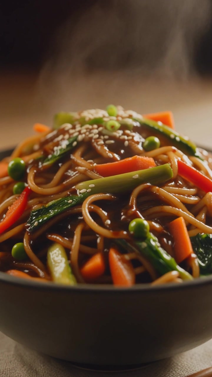 Ciotola fumante di noodles saltati in padella con verdure fresche