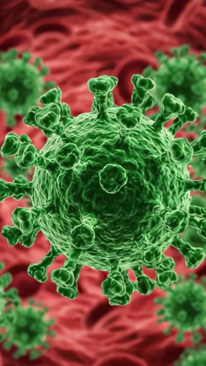 Vista ingrandita di un'infezione virale all'interno del flusso sanguigno umano, che mostra virus verdi con globuli rossi in un ambiente biologico dinamico.