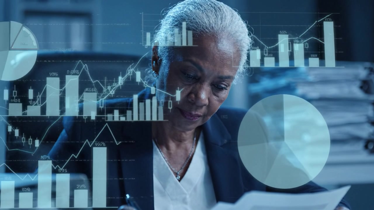 Focused Professional Analyzing Financial Data with Graphs and Documents in a Dimly Lit Office Environment for Comprehensive Insight and Decision-Making