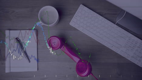 Animation-of-financial-data-processing-over-phone,-mug,-notebook-and-keyboard-on-desk