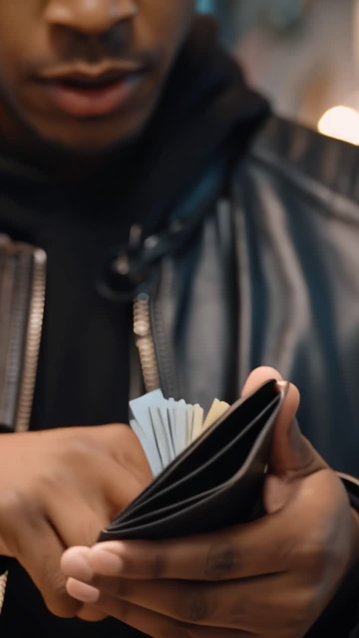 A Close-Up View of a Man Holding a Stylish Black Wallet in Front of Him, Emphasizing the Texture and Detail of the Leather Material in the Setting