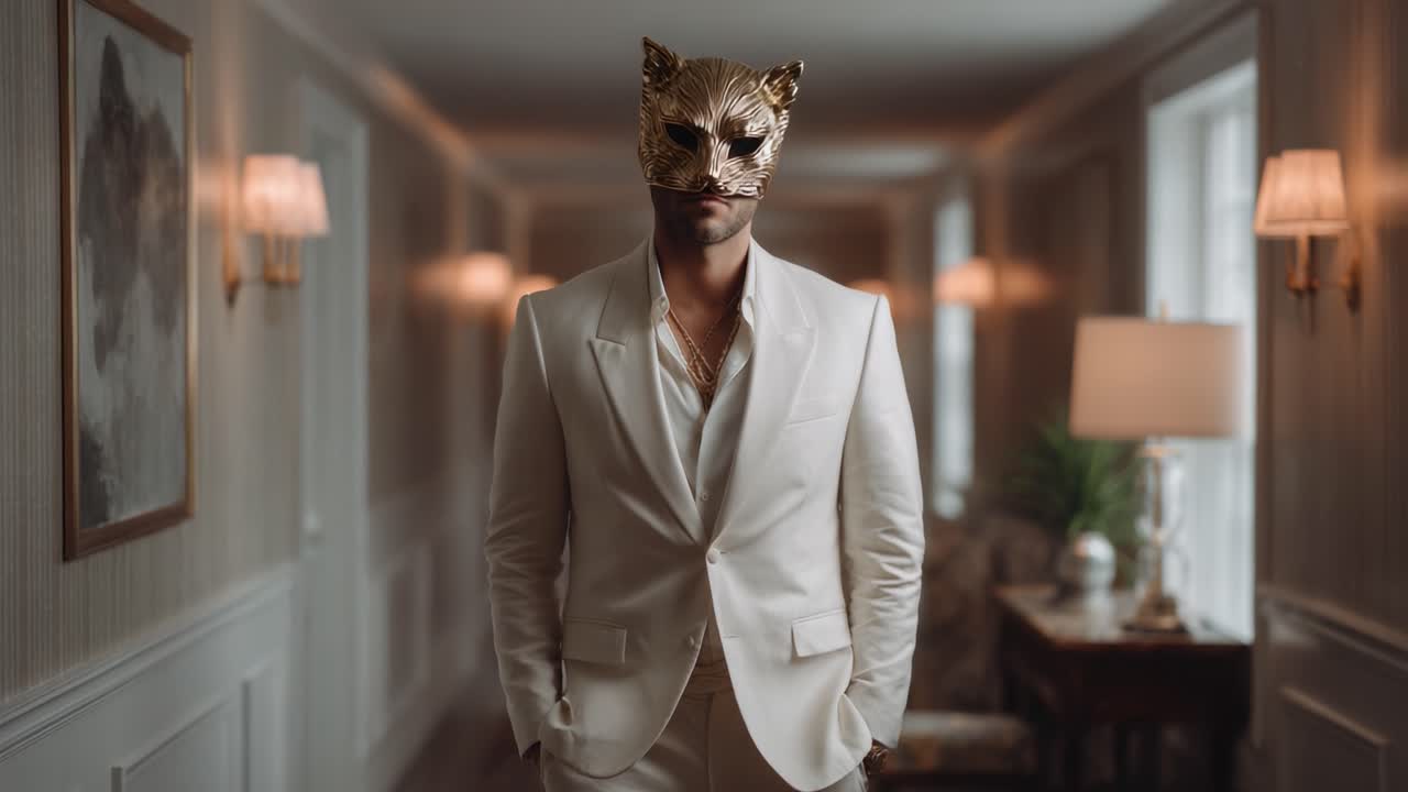 A Mysterious Figure in a Golden Cat Mask Wearing a White Suit Stands Confidently in an Elegant Hallway with Soft Lighting and Refined Decor
