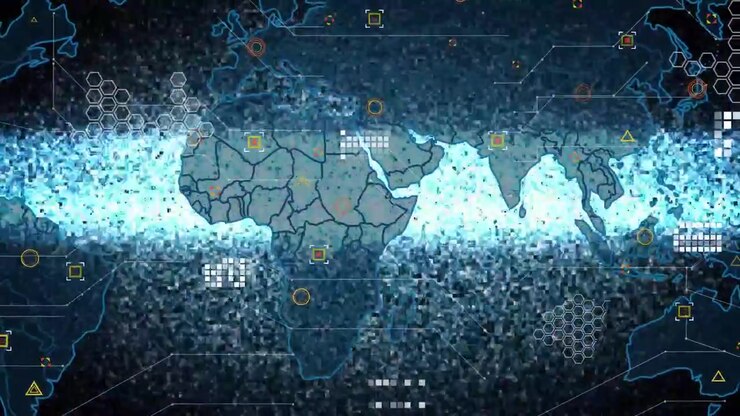 Scanning band showing map while icons emerging, lines linking nodes, grids showing global data