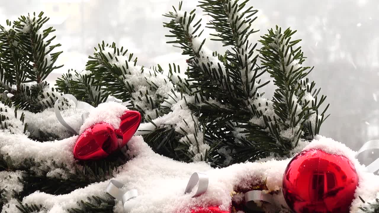 Kar altında oyuncaklarla süslenmiş yılbaşı ağacı dalları.