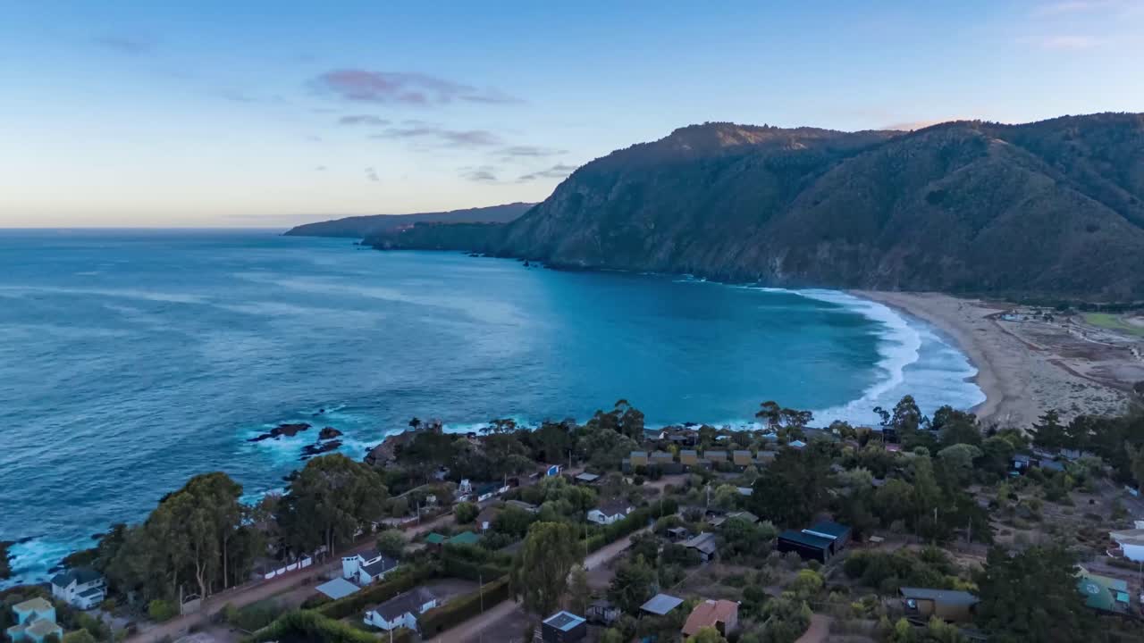 Quintay Casablanca Chile Valparaiso beach sea foam, morning drone beach time lapse