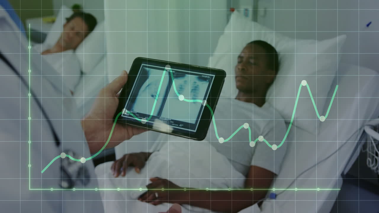 In hospital, doctor showing medical scans on tablet to patient in bed