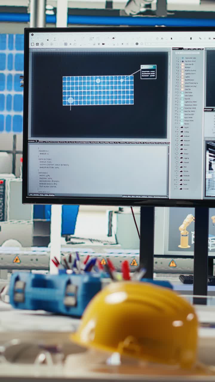 Vertical video Display in empty photovoltaics factory monitoring system performance