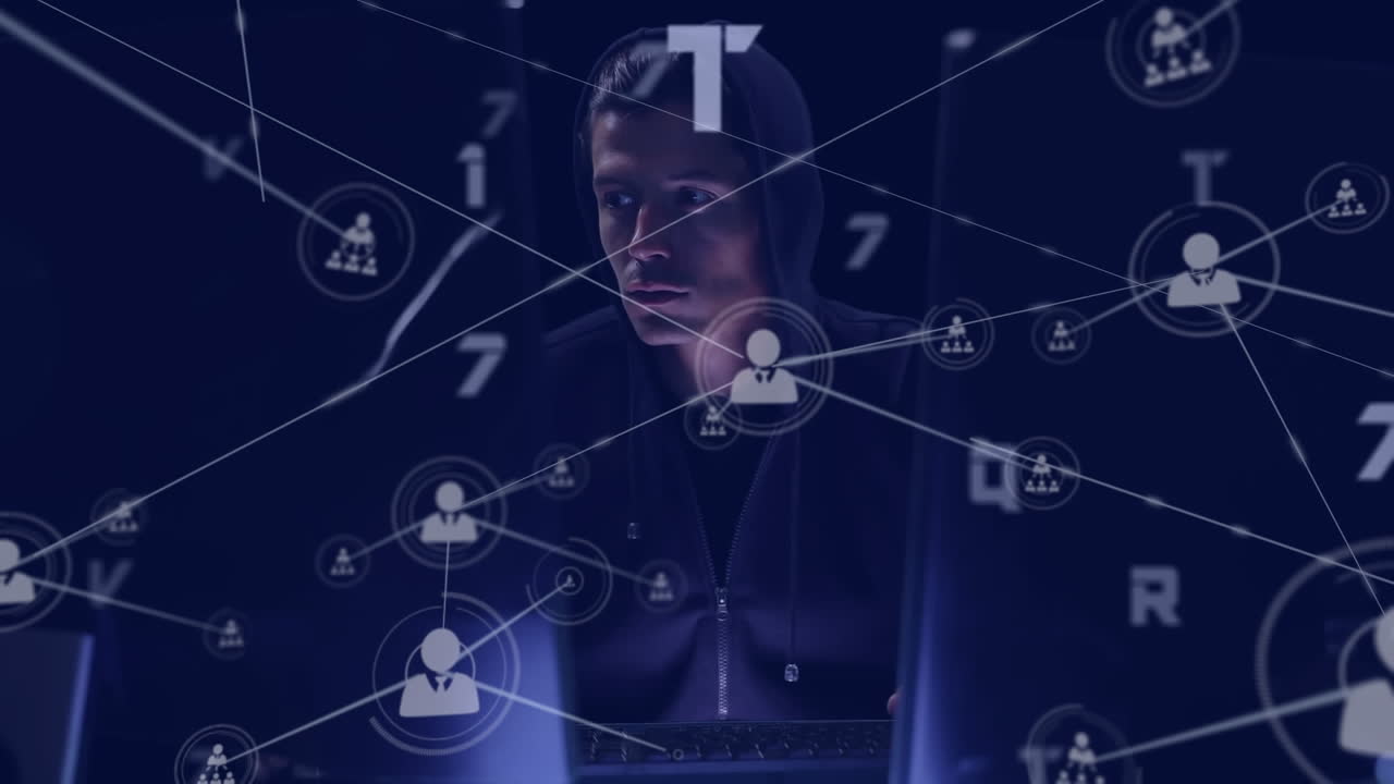 animación de la red de conexiones con hackers y números cambiantes