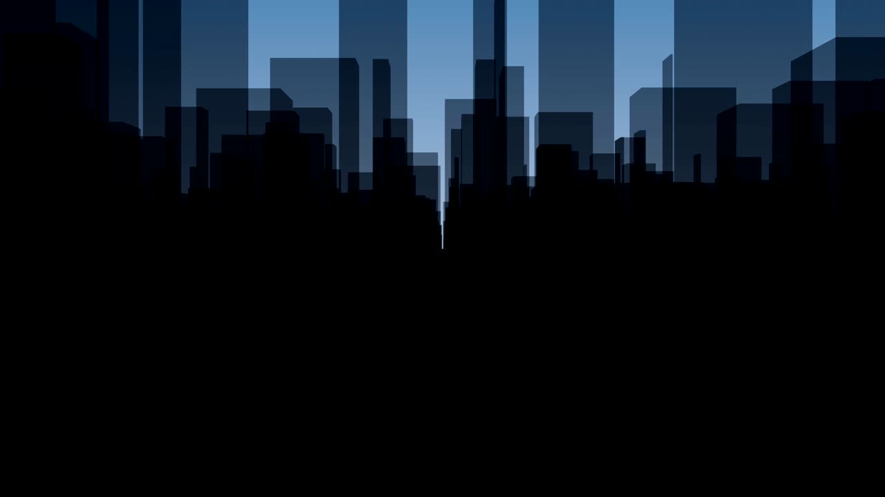 Recorrido aéreo por una ciudad virtual oscura con fondo azul en 4K