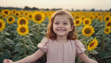 adorable little girl with curly hair, wearing a pink dress, standing joyfully in a blooming sunflower field, smiling sincerely under the warm summer evening light