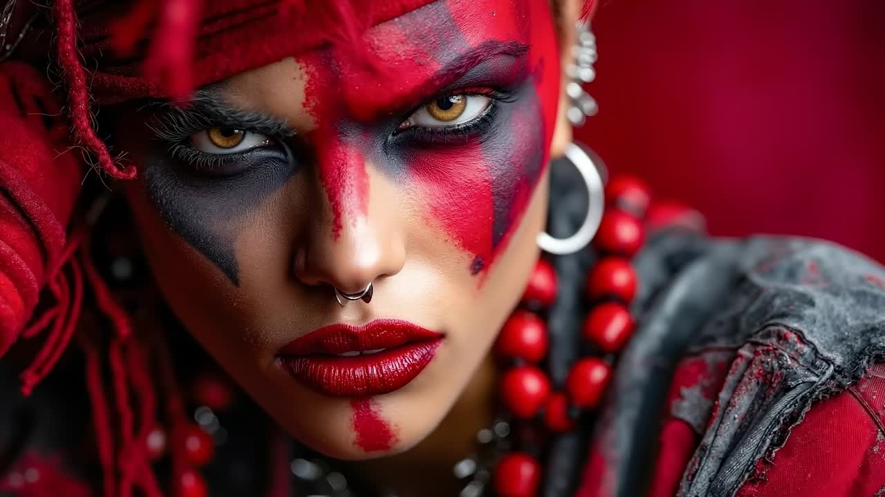 A woman with red makeup and a red bandana on her head