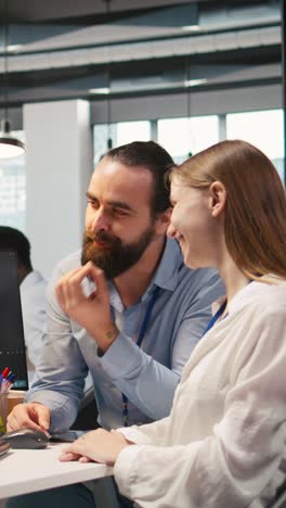 vertical video friendly team leader helping happy young engineer code ai algorithms